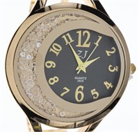 Ladie's Qtz. Bangle Watch, Floating Crystals, Gold
