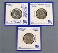 (3) Unc. 1937 Buffalo Nickels