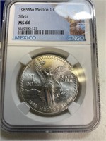 1985 Mexico 1 on a silver MS 66