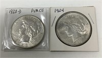 1923-D, 1924 Silver Peace Dollars.