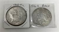 1902-O Morgan, 1926-S Peace Silver Dollars.