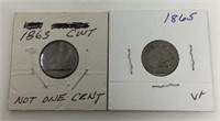 1863 Civil War Token, 1865 3 Cent Nickel.