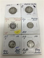 2 Barber Quarters, 4 Early Mercury Dimes.