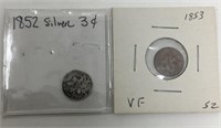 1852 & 1853 Silver 3 Cent Pieces.