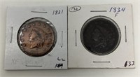 1831 & 1834 Coronet Head Large Cents.