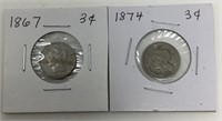 1867, 1874 3 Cent Nickels.