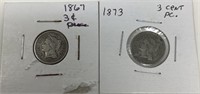 1867, 1873 3 Cent Nickels.
