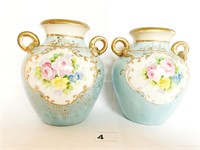 NIPPON HAND PAINTED DOUBLE HANDLE VASES W/ FLOWER