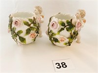 DRESDEN TWO VASES W/ CHERUBS ROSE AND VINE ACCENT