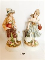 PORCELAIN FIGURES W/ GOOSE 9" H 1 MALE ONE FEMALE