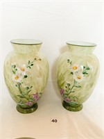 GLASS HAND PAINTED VASES 10" H