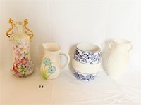 VASES, PITCHER, HAND PAINTED VASE CHIP ON HANDLE