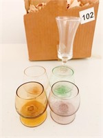 9 CORDIAL AND 4 COLORED ETCHED SHOT GLASSES