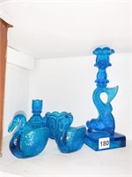 SIGNED GHC DOLPHIN CANDLE STICK, 2 SWAN DISHES,
