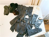 LEATHER GLOVES, KNIT GLOVES AND PLASTIC BIN