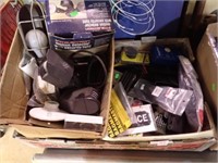 2 BOXES HEADPHONES, GUN ITEMS, WORK LAMPS