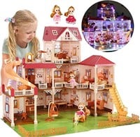 Huge Dollhouse with 2 Dolls and Colorful Light