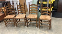 Four Vintage Ladder Back Wood Chairs with Woven