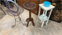 Two Wooden and One Metal Plant Stands. Garden