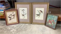 Three Bird Pictures with One Floral Picture