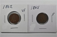 1862, 1865 INDIAN HEAD CENTS VF, F
