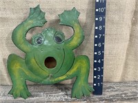 Painted metal frog birdhouse