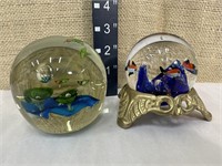 2 glass paperweights w/ aquatic themes