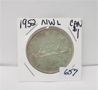 1952 No Waterlines Canada Silver Dollar