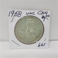 1958 Totem Pole Uncirculated Canada Silver Dollar