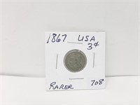 Rarer 1867 Usa 3 Cent Piece. Harder To Find