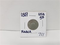 Rarer 1869 Usa 5 Cent Piece