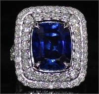 14k Gold 9.96 ct Cushion Sapphire & Diamond Ring