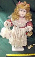 Vtg Porcelain Doll In Pink & White Dress