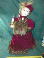 Vtg Porcelain Doll Red Dress, Fur  Cover & Brooch