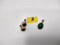 14 kt gold JADE?? green stone earrings SCREW BACK
