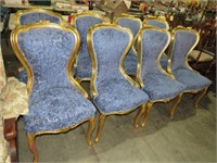 (8X) ORNATE  GOLD TONE, BLUE FABRIC DINING CHAIR