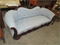 ANTIQUE CARVED BLUE COVERED PARLOR SOFA