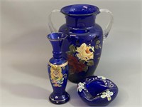 Lot: Cobalt Blue Hand Painted (2) Vase and Dish