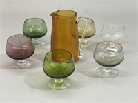 Lot: Multi-Colored Brandy Glasses and Pitcher