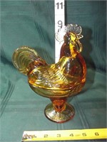 Vtg Indiana Amber Glass Chicken Candy Dish 9 1/2"T