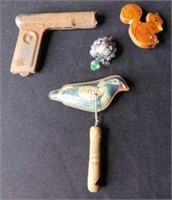 Vintage toys: tin bluebird w/ wooden handle -