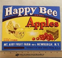 VINTAGE CRATE LABEL-HAPPY BEE/APPLES/NEW YORK
