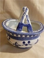 Blue and white glass basket w/weaved handle
