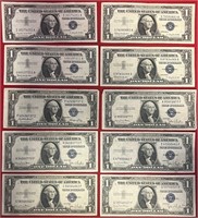 S - LOT OF 10 SILVER CERTIFICATE $1 NOTES (45)