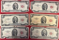 S - LOT OF 6 RED SEAL $2 NOTES (50)