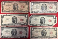 S - LOT OF 6 RED SEAL $2 NOTES (51)
