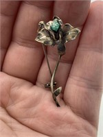 Antique Sterling Raw Emerald Floral Brooch Pin
