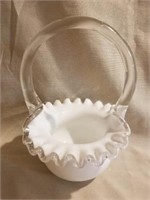 Fenton white ruffled basket, w/clear glass handle