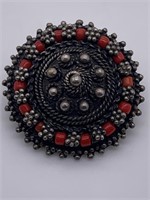 Antique Israeli Silver & Coral Ornamental Pin