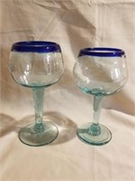 Pair of handblown Blue rimmed Goblets